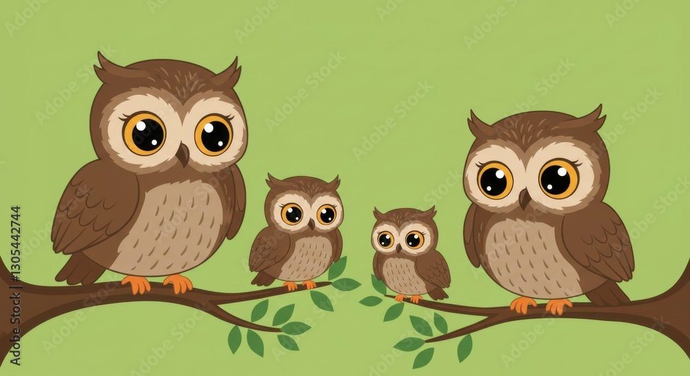Fototapeta premium Owl Family on Branch - Cute Illustration