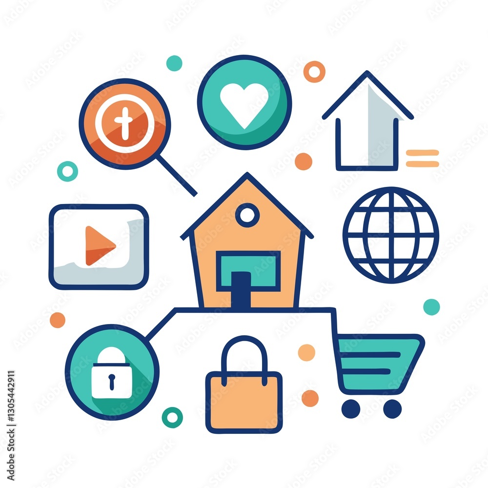 A colorful graphic of various icons and shapes, including a house A colorful graphic of various icons and shapes, including a house