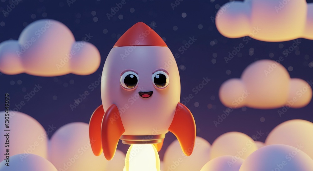 Naklejka premium Cute Rocket Launch at Night