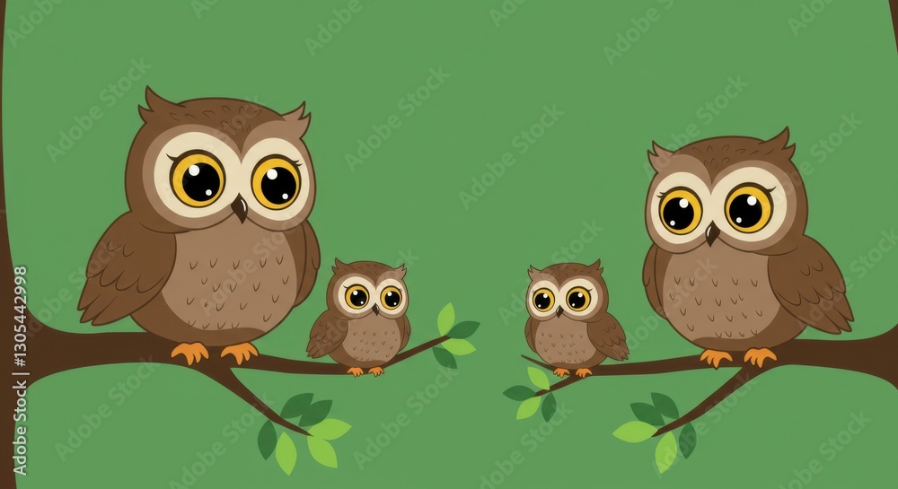 Fototapeta premium Owl Family on Branch, Green Background