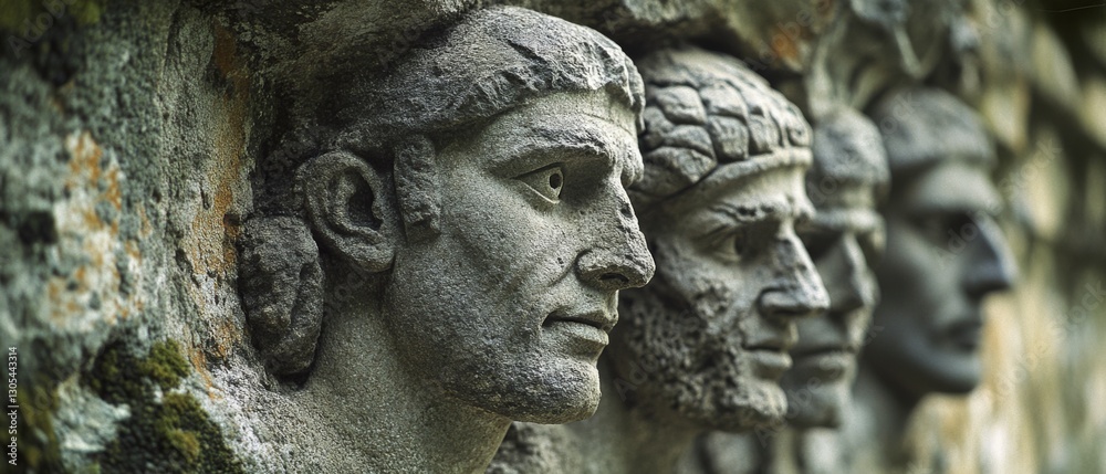 Weathered stone faces stand silently, etched with time, exuding solemnity and history in their ancient expressions. Weathered stone faces stand silently, etched with time, exuding solemnity and history in their ancient expressions.