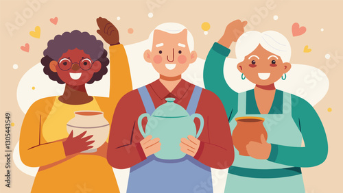 The feeling of pride and accomplishment as the seniors proudly display their finished ceramic pieces at the end of the workshop.. Vector illustration