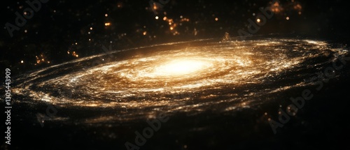 A breathtaking view of a spiral galaxy, shimmering with golden flecks amidst a vast cosmos, capturing the universe's grandeur and mystery. photo