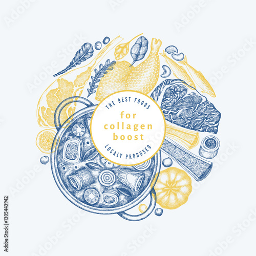 Collagen Diet Design Template. Vector Hand Drawn Healthy Food Banner. Vintage Style Collagen Bust  Menu Illustration.