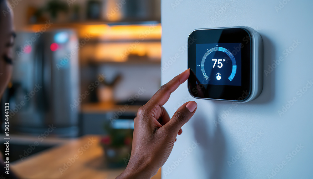 custom made wallpaper toronto digitalWoman adjusting the smart thermostat in her kitchen