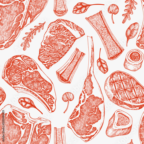 Butchery Shop Seamless Pattern. Vector Hand Drawn Meat Banner. Vintage Style Bar B Q Menu Illustration.