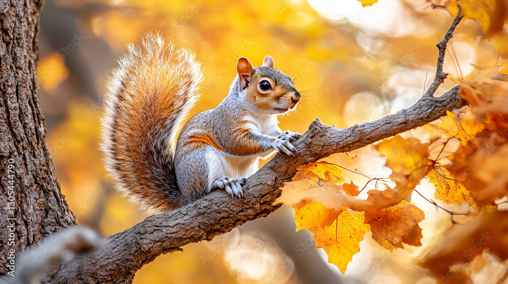 Adorable squirrel perched on a tree branch surrounded by vibrant autumn leaves in golden sunlight, capturing the essence of fall wildlife, nature photography, and seasonal beauty Adorable squirrel perched on a tree branch surrounded by vibrant autumn leaves in golden sunlight, capturing the essence of fall wildlife, nature photography, and seasonal beauty