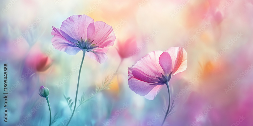 Fototapeta premium Pink and blue pastel-colored background with beautiful blooming flowers, springtime. Nature-themed design that evoke calmness and romance.