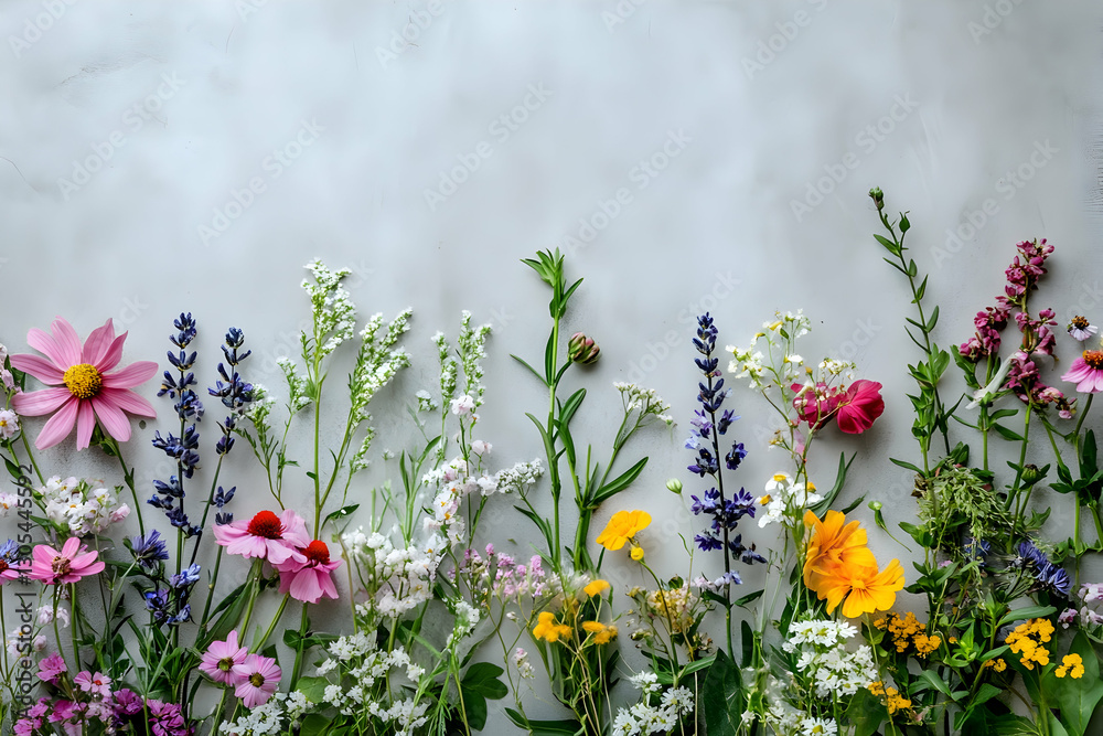 Nature-inspired wildflower composition, flat lay with copy space Nature-inspired wildflower composition, flat lay with copy space