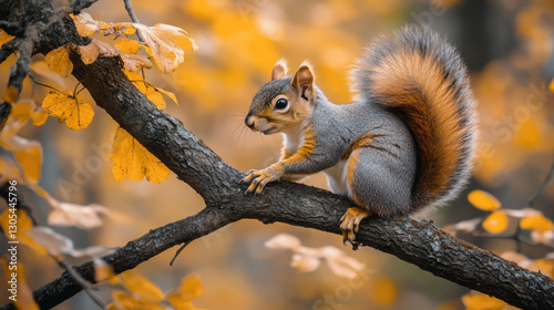Adorable squirrel perched on a tree branch surrounded by vibrant autumn leaves in golden sunlight, capturing the essence of fall wildlife, nature photography, and seasonal beauty
