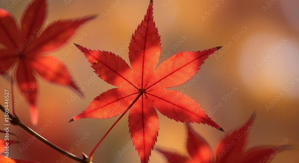 Bright Red Maple Leaf with Veins Backlit in Autumn Sunlight