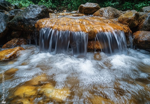 Tranquil stream flowing over vibrant rocks in lush woodland, showcasing nature's beauty and serenity amidst gentle water movement and natural elements
