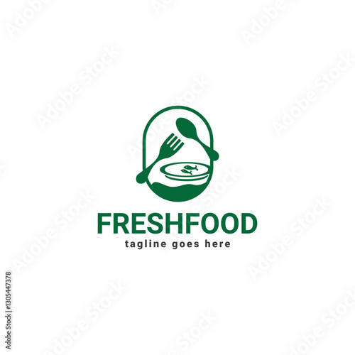 Fresh Food Logo Design Vector Template. Fresh spoon fork bowl and leaf Logotype Concept