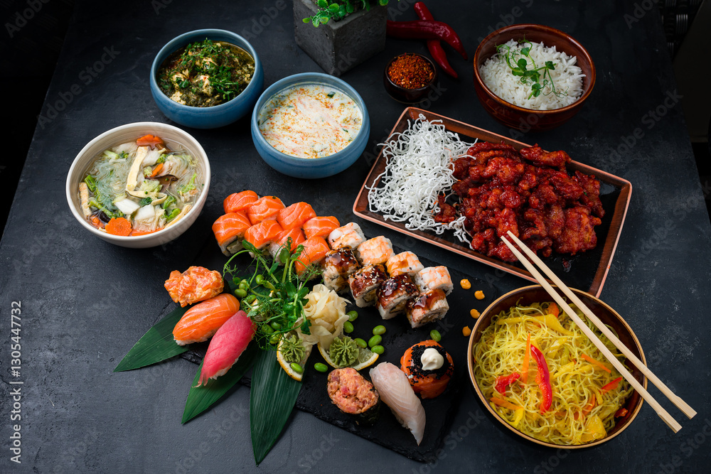 Asian food table with various kind of chinese food, noodles, sour soup, rice, sushi