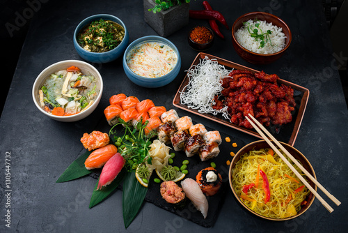 Obraz na płótnie Asian food table with various kind of chinese food, noodles, sour soup, rice, sushi w salonie