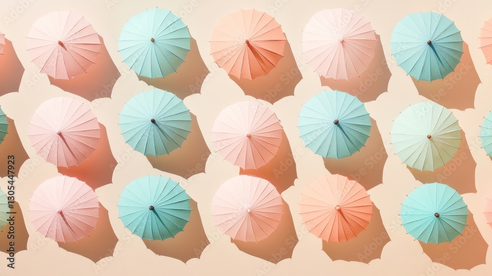Pastel umbrellas arranged on beige surface Pastel umbrellas arranged on beige surface