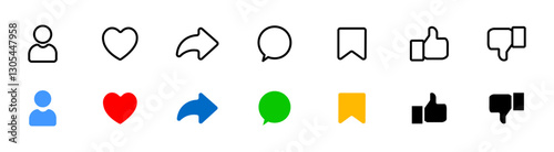 Social media interface icon set. Like, forward,
comment, chat, save, share symbols. Vector interface icons
