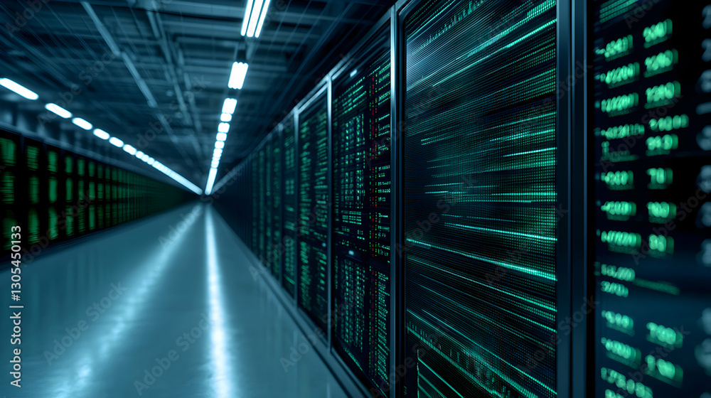 A high-tech server room showcasing rows of powerful data servers illuminated by a blue glow A high-tech server room showcasing rows of powerful data servers illuminated by a blue glow
