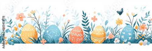 This vibrant design features colorful Easter eggs surrounded by delicate cherry blossoms on a light background, perfect for a spring themed greeting card