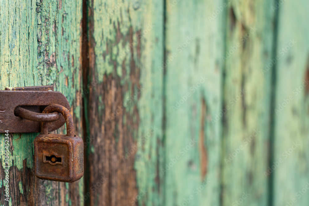 Old rusty padlock with shabby green painted wooden surface background texture Old rusty padlock with shabby green painted wooden surface background texture
