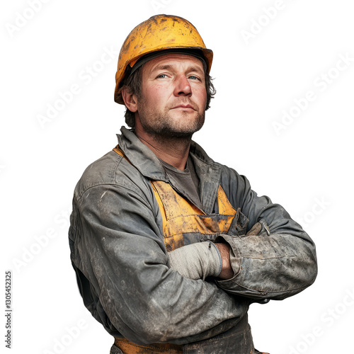 Rugged construction worker in dirty uniform and safety helmet, arms crossed, isolated on transparent background