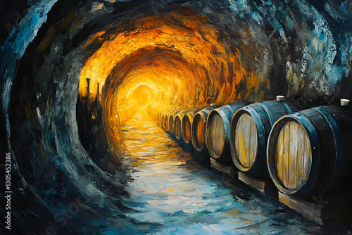 Wine cellar tunnel with wooden barrels