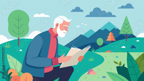In a beautiful natural setting a senior man concentrates on understanding his surroundings and determining his next move as he participates in an orienteering event for cognitive. Vector illustration