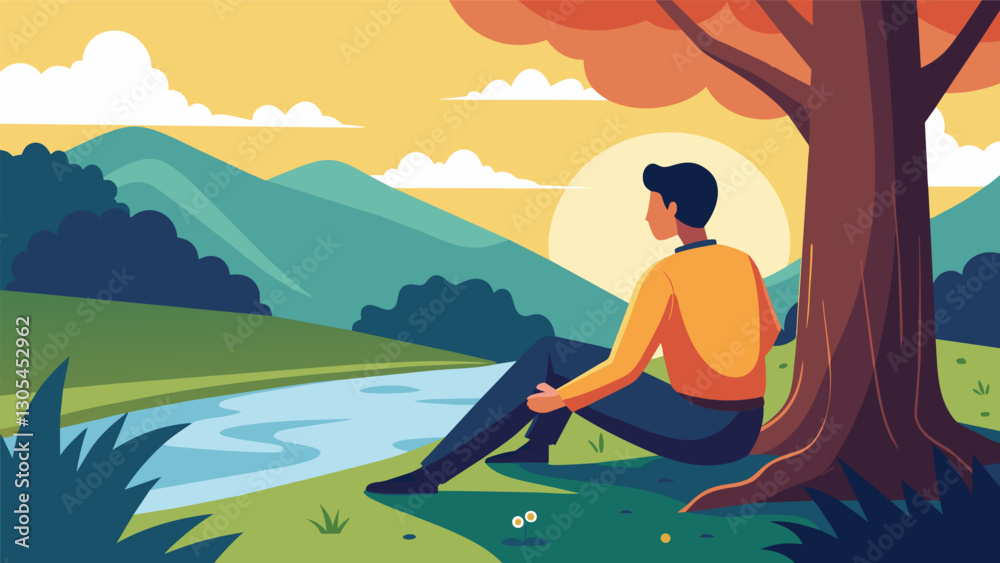 With the last rays of summer sun peeking through the branches of a tree a student leans against the trunk staring contemplatively at the bubbling stream that served as their goto. Vector illustration With the last rays of summer sun peeking through the branches of a tree a student leans against the trunk staring contemplatively at the bubbling stream that served as their goto. Vector illustration
