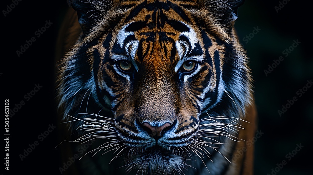 Naklejka premium Tiger Close-Up in Dark Forest