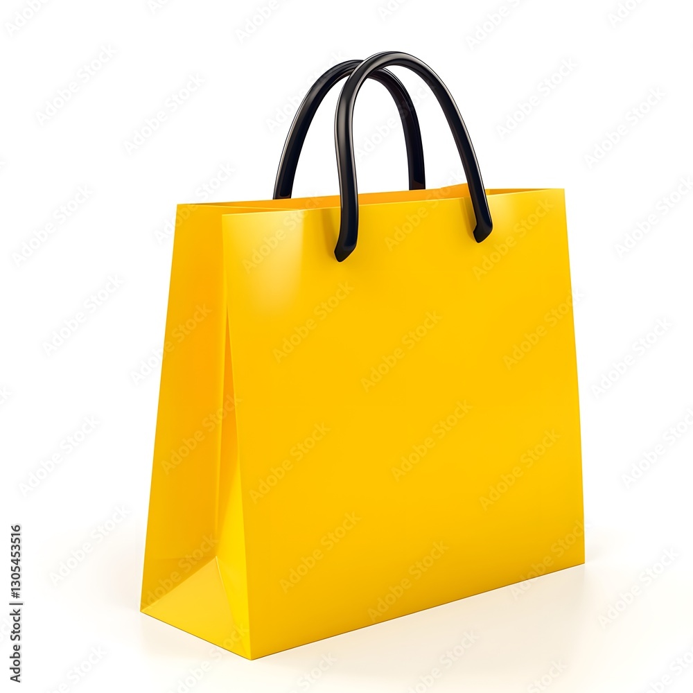 Vibrant Yellow Shopping Bag with Black Handles on White Background Vibrant Yellow Shopping Bag with Black Handles on White Background