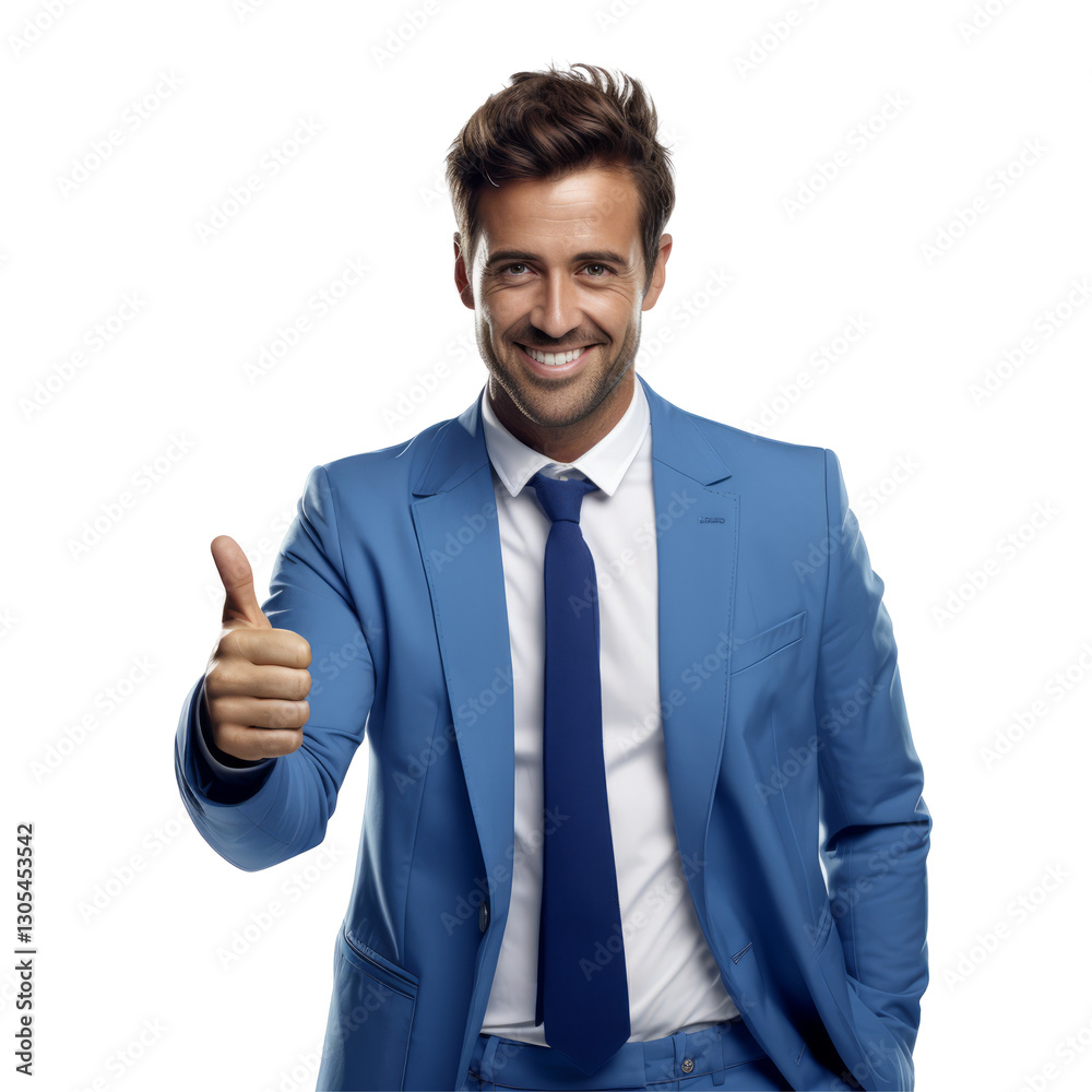 Confident businessman in blue suit giving a thumbs-up isolated on transparent background Confident businessman in blue suit giving a thumbs-up isolated on transparent background