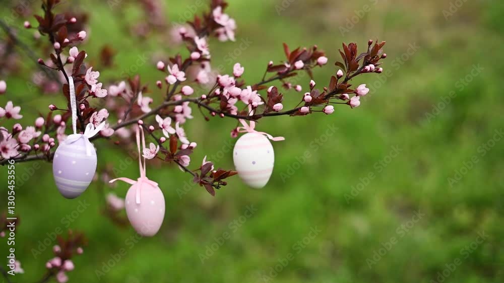 Pastel pink easter eggs hanging on blooming tree branches outdoor in park or garden