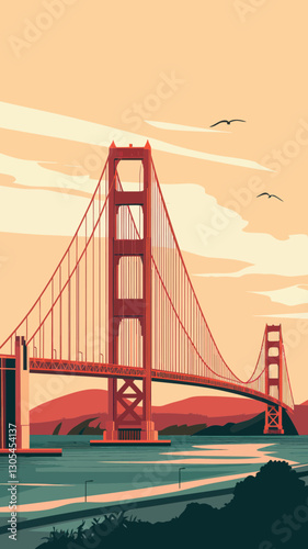 Golden Gate Bridge at Sunset Minimalist Vector Illustration, Iconic San Francisco Landmark Art
