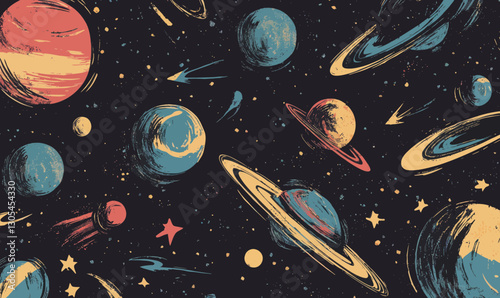 Minimalist Space Sketch with Abstract Planets, Comets, and Spaceships in Grunge Style