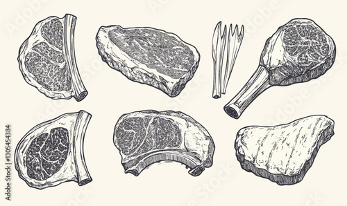 Hand Drawn Cuts of Raw Meat Set Illustration: Steak, Ribs, Ham in Engraving Style for Culinary Design