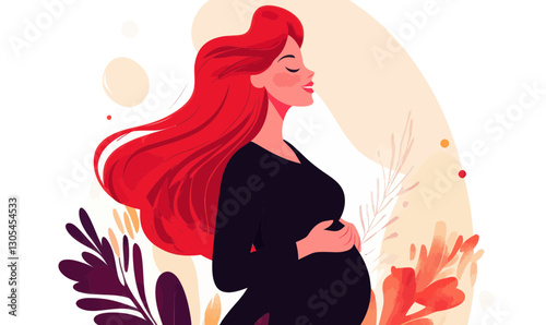 Pregnant Red-Haired Woman in Minimalist Vector Style, Maternity Concept Illustration