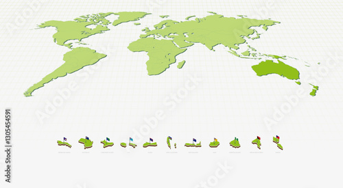 Oceanian Maps and Flags in Isometric Style. Isometric Maps Collection
