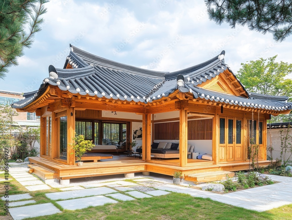 Traditional wooden structure with a tiled roof and open air design Traditional wooden structure with a tiled roof and open air design
