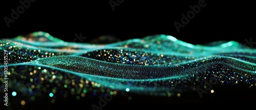 Sparkling curves of illuminated mesh simulate glowing waves over a dark background, creating a sense of otherworldly tranquility.