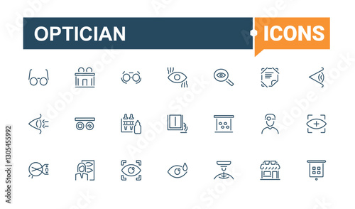 Optician icons set. Contains linear outline icons like glasses, see, health, look, laser, eyeball and more. Simple icon designs. Editable vector stroke.