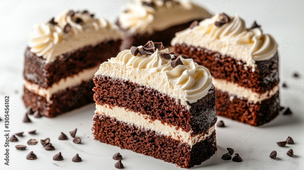 Chocolate cake slices, cream frosting, studio shot, dessert menu Chocolate cake slices, cream frosting, studio shot, dessert menu