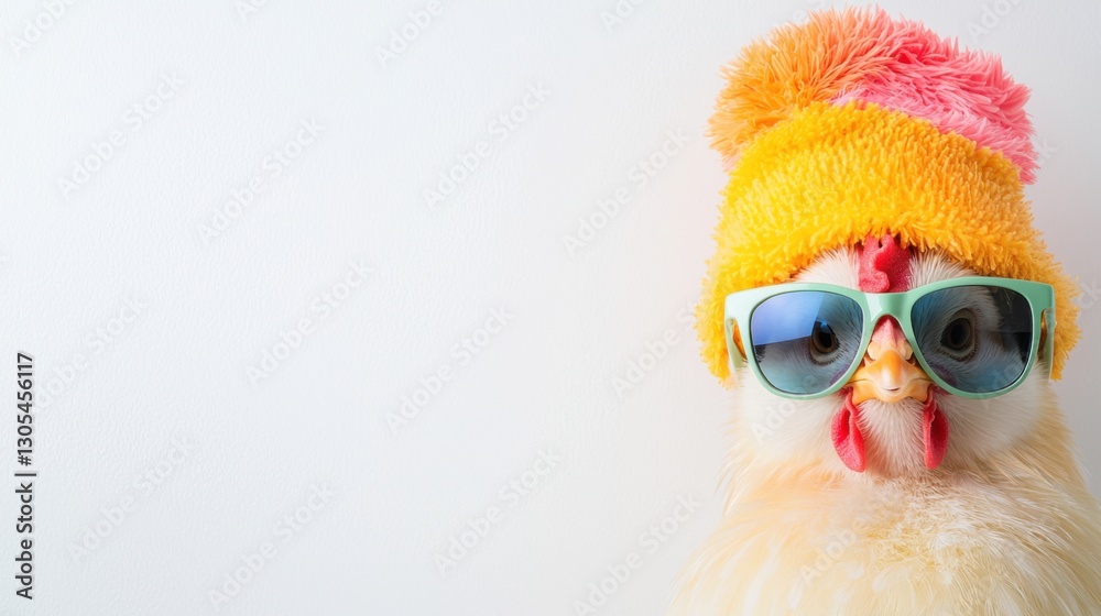 Obraz premium Funny Chicken in Colorful Hat and Sunglasses on White Background