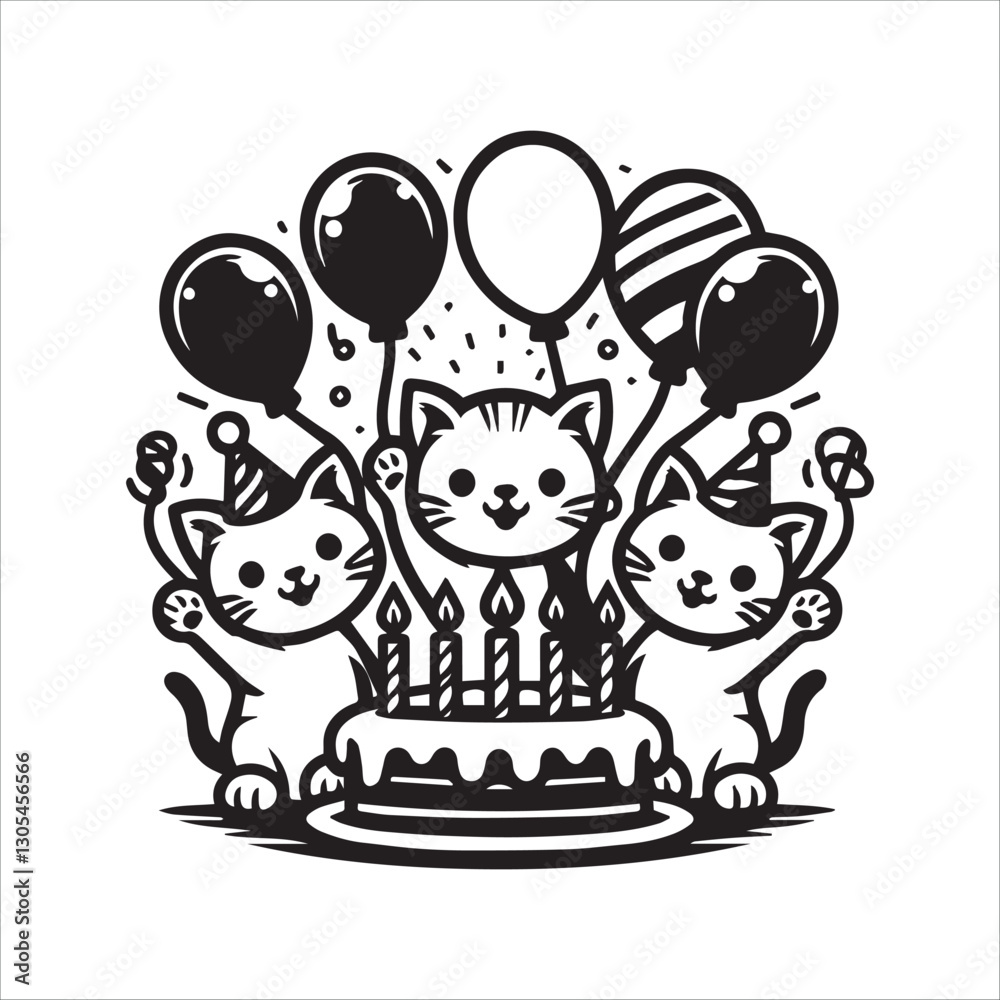 Cute Kittens with Balloons Celebrating a Special Occasion. Three adorable black and white kittens are depicted holding balloons in a celebratory setting. Cute Kittens with Balloons Celebrating a Special Occasion. Three adorable black and white kittens are depicted holding balloons in a celebratory setting.
