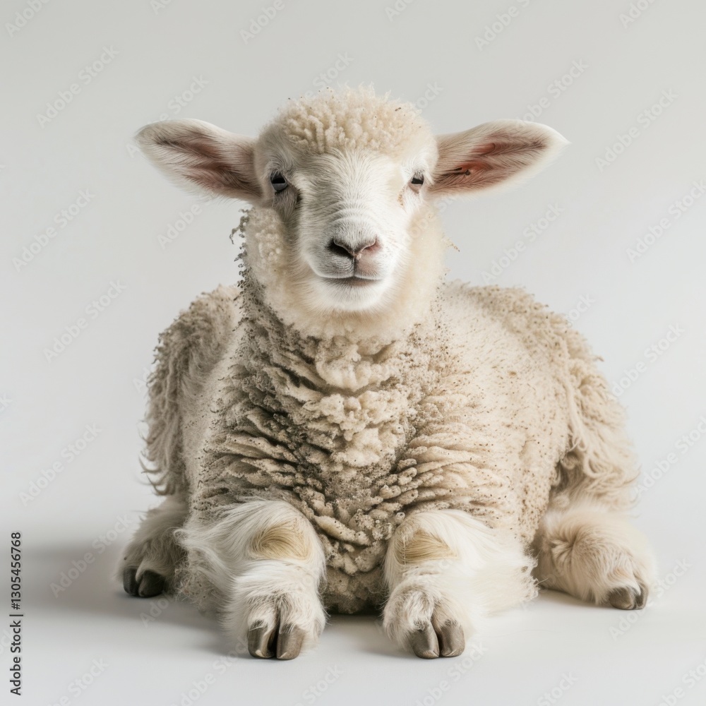 Fototapeta premium Cute and Fluffy Lamb Relaxing on Light Background in Studio Setting