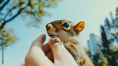 Close-up of a beautiful squirrel being petted by a person in the city park, enjoying the summer