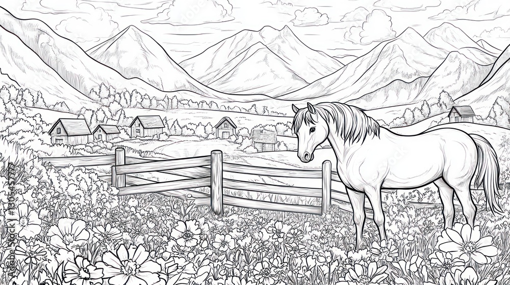 Naklejka premium Peaceful meadow scene, horses, mountains. Suitable for coloring book or print