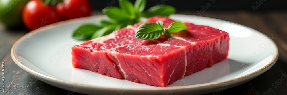Close up of succulent raw beef steak on white plate, cooking, meat Close up of succulent raw beef steak on white plate, cooking, meat