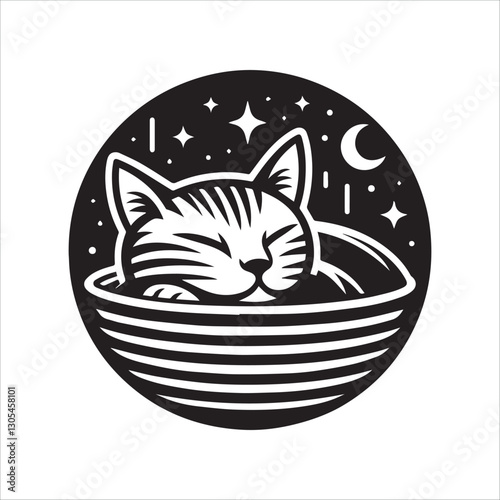Sleepy Cat Napping in a Bowl. A black and white illustration of a cat nestled comfortably in a bowl, appearing to be asleep.