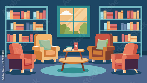 The book clubs meeting room is adorned with cozy bookshelves and faded armchairs a perfect atmosphere for the seniors to indulge in their love for literature.. Vector illustration