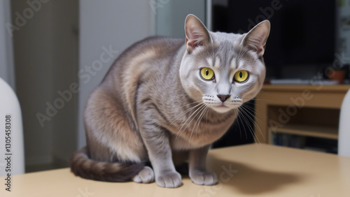 A cat with light gray fur and striking yellow eyes sits on a table